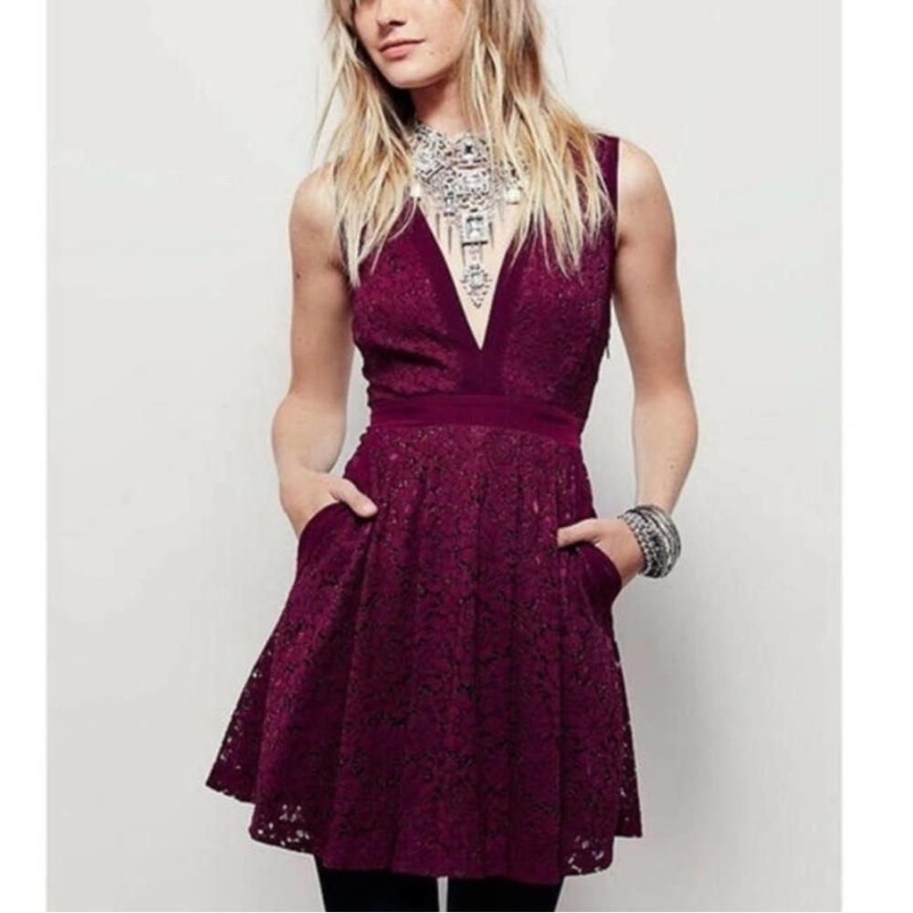 Free People Floral lace dress burgundy purple pockets - Picture 1 of 5